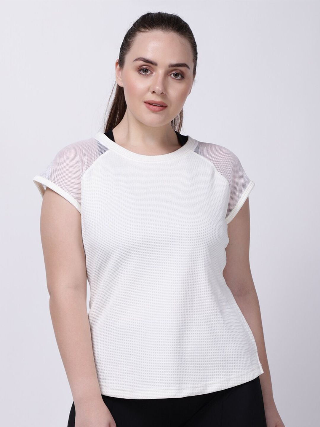 STUDIOACTIV Women Off White Self Design Raglan Sleeves T-shirt Price in India