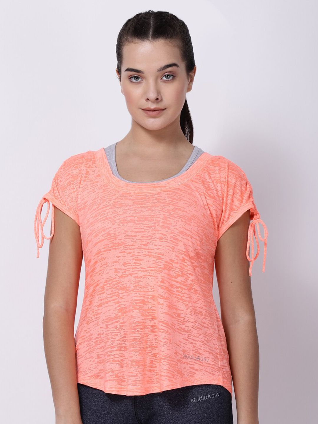 STUDIOACTIV Women Orange Printed Extended Sleeves T-shirt Price in India