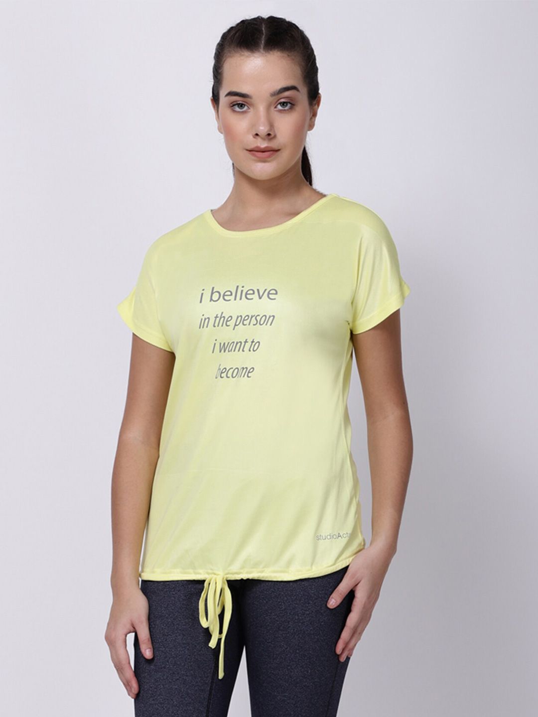 STUDIOACTIV Women Yellow Typography Printed Extended Sleeves T-shirt Price in India