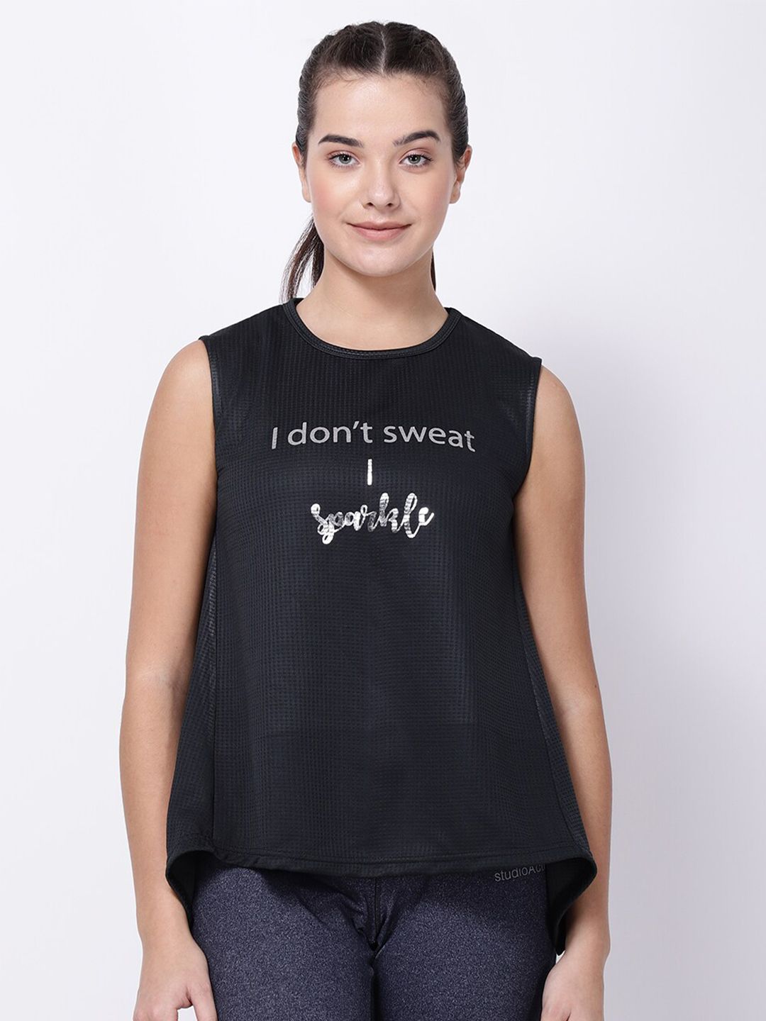 STUDIOACTIV Women Black Typography Printed Sports T-shirt Price in India