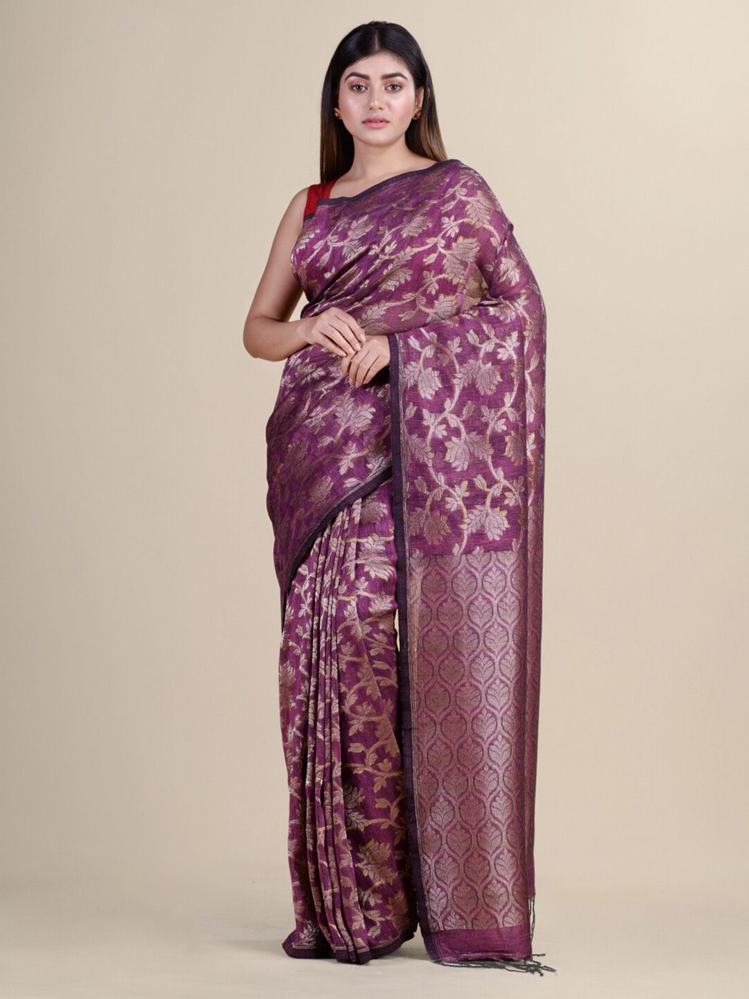 Laa Calcutta Burgundy & Silver-Toned Woven Design Silk Cotton Jamdani Saree Price in India