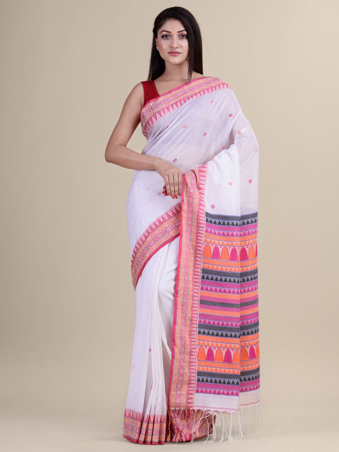 Laa Calcutta White & Pink Woven Design Saree Price in India