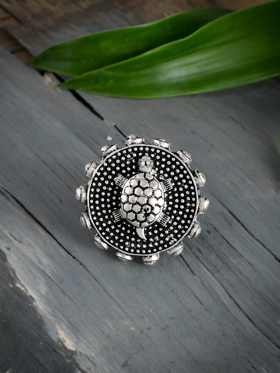 Silvermerc Designs Silver-Toned & Plated Oxidised Tortoise Ring Price in India