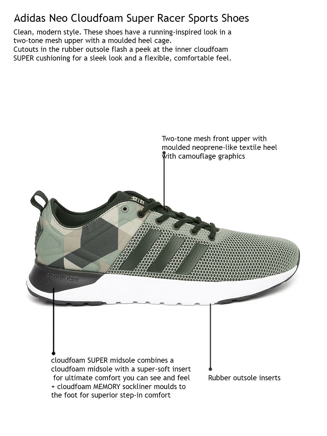 Buy ADIDAS NEO Men Olive Green Solid Cloudfoam Super Racer Sneakers -  Casual Shoes for Men 1731118 | Myntra