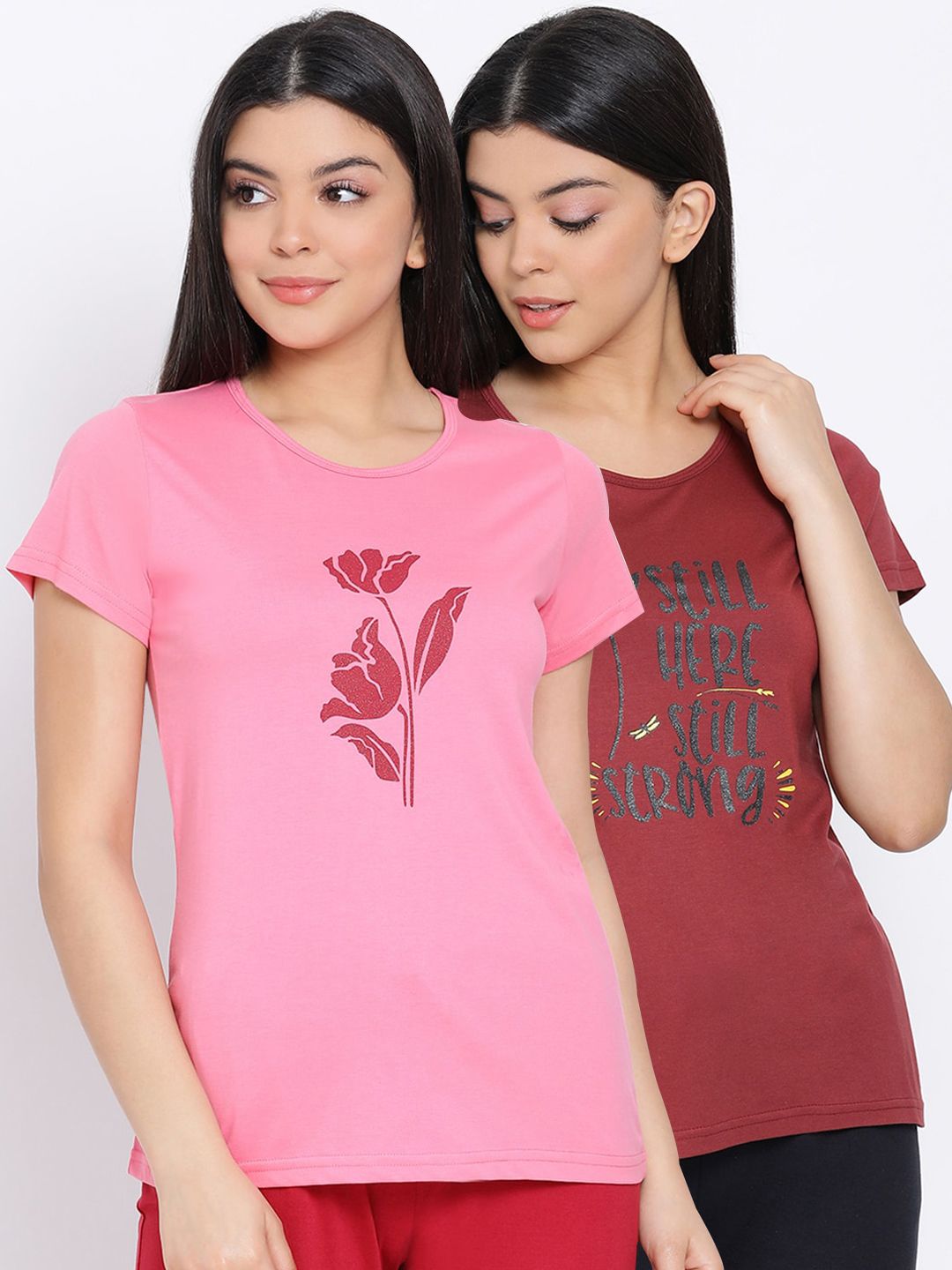 Kanvin Women Maroon & Pink Pack Of 2 Printed Pure Cotton Lounge T-shirts Price in India
