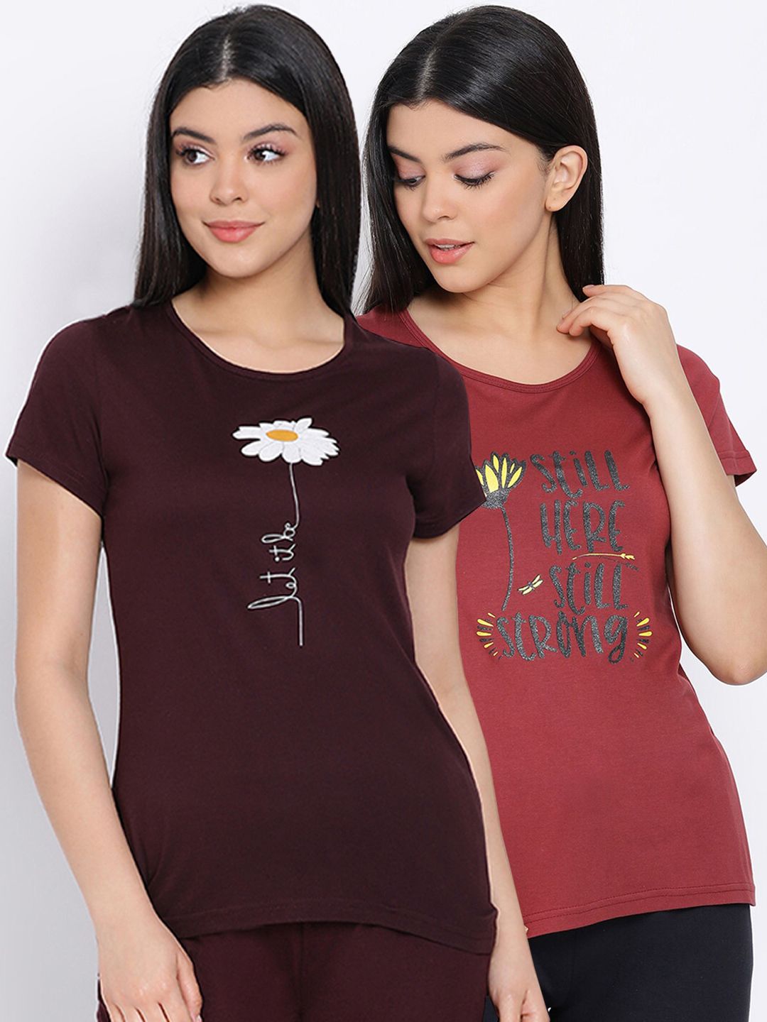 Kanvin Women Maroon & Brown Pack Of 2 Printed Pure Cotton Lounge T-shirts Price in India