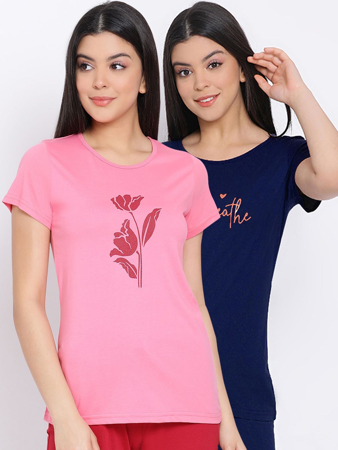 Kanvin Women Pink & Navy Blue Pack Of 2 Printed Pure Cotton Lounge T-shirts Price in India