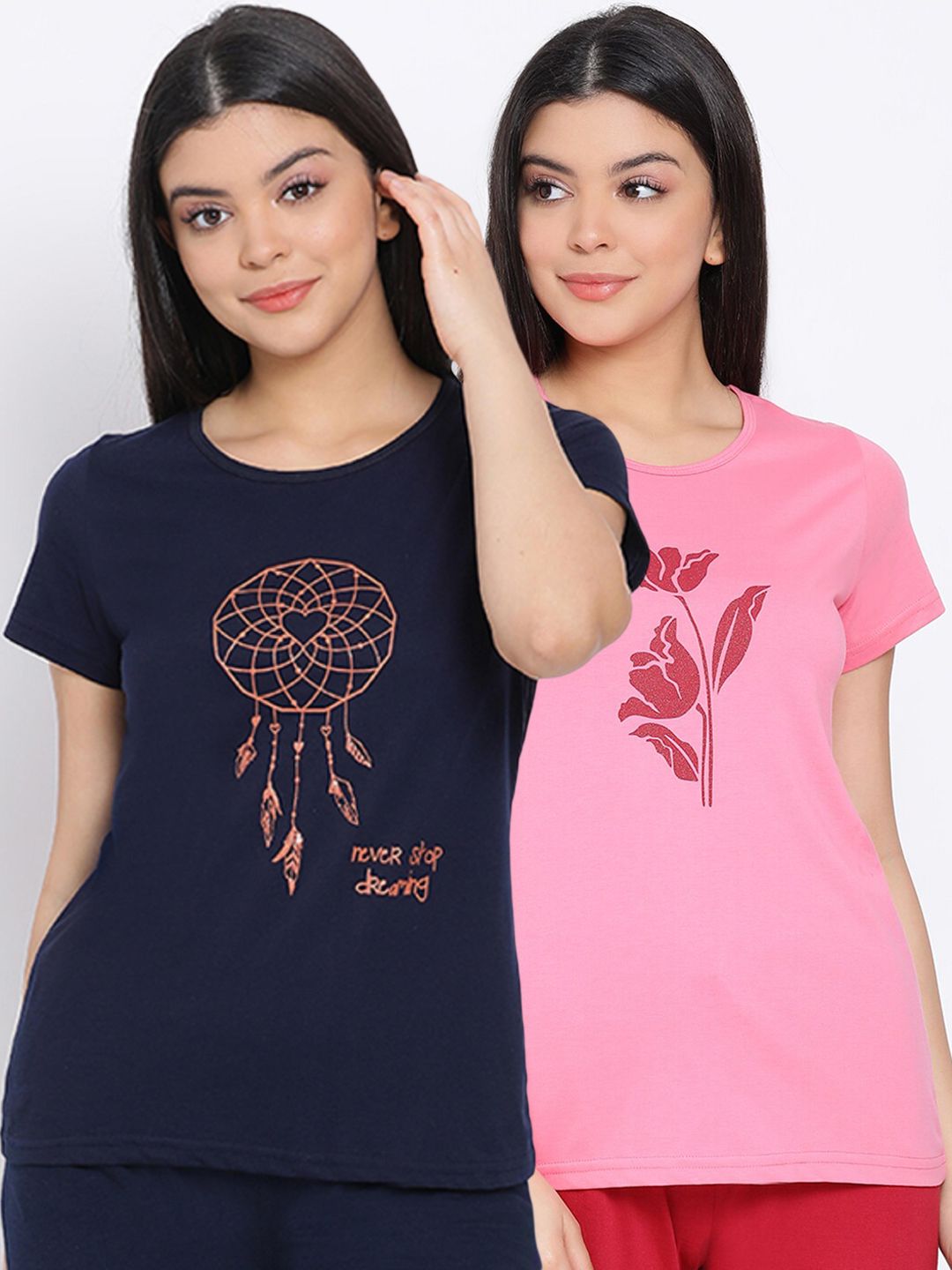 Kanvin Women Navy Blue & Pink Pack Of 2 Printed Pure Cotton Lounge T-shirts Price in India
