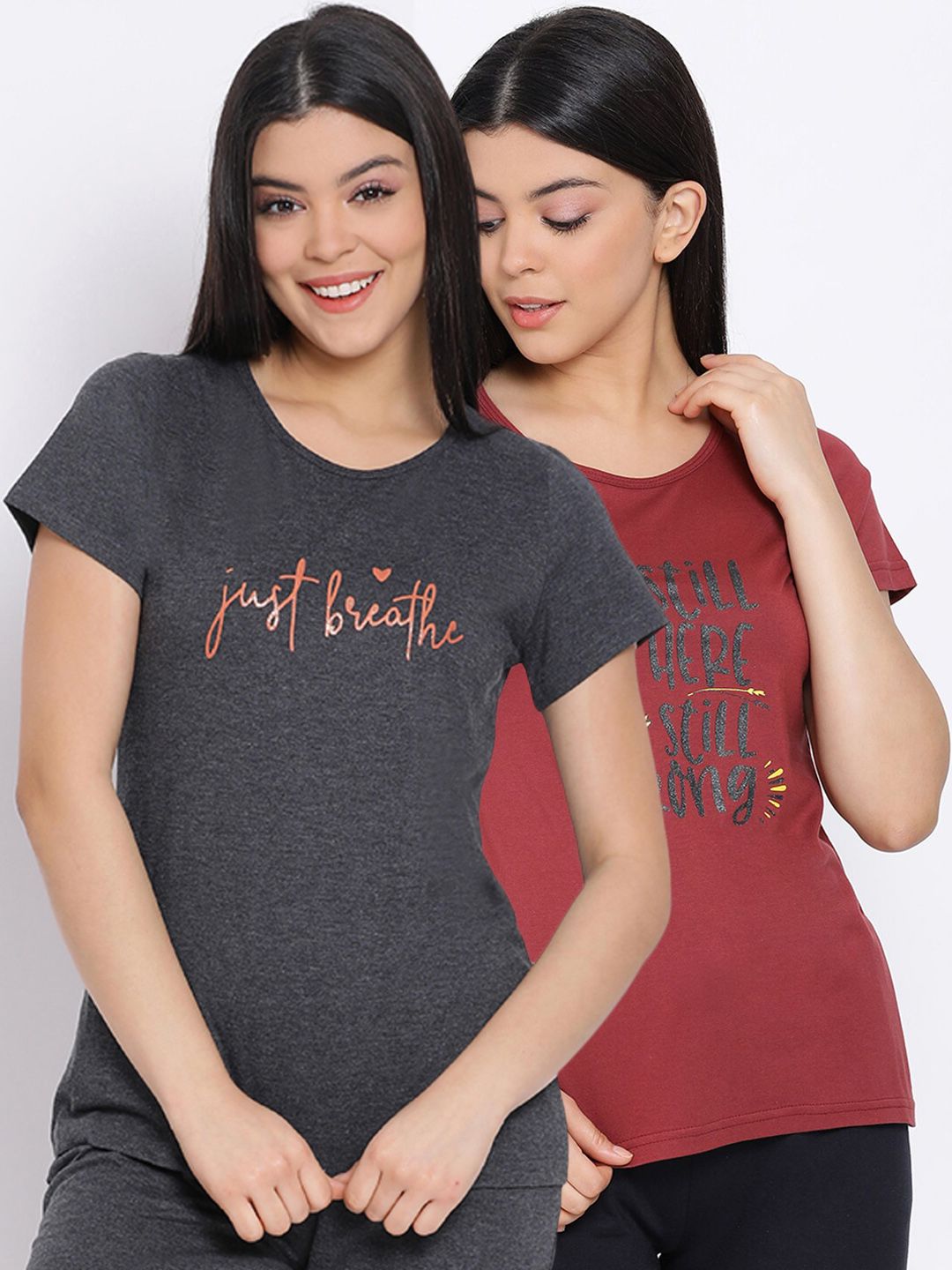 Kanvin Women Pack Of 2 Printed Pure Cotton Lounge T-shirts Price in India