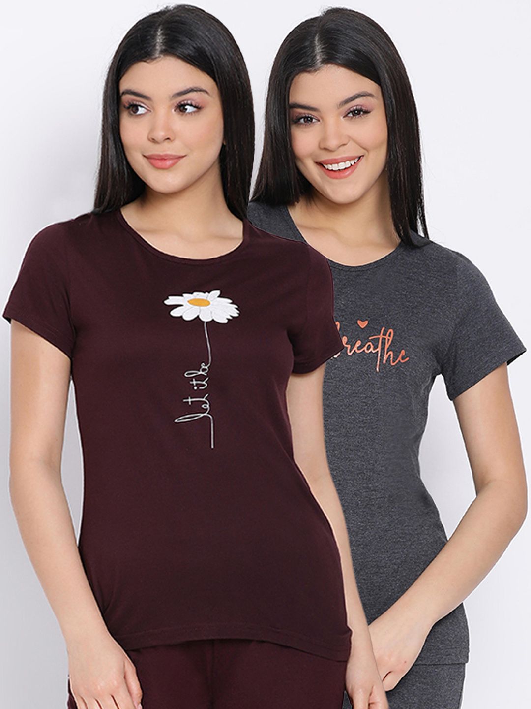 Kanvin Women Brown & Charcoal Grey Pack Of 2 Printed Pure Cotton Lounge T-shirts Price in India