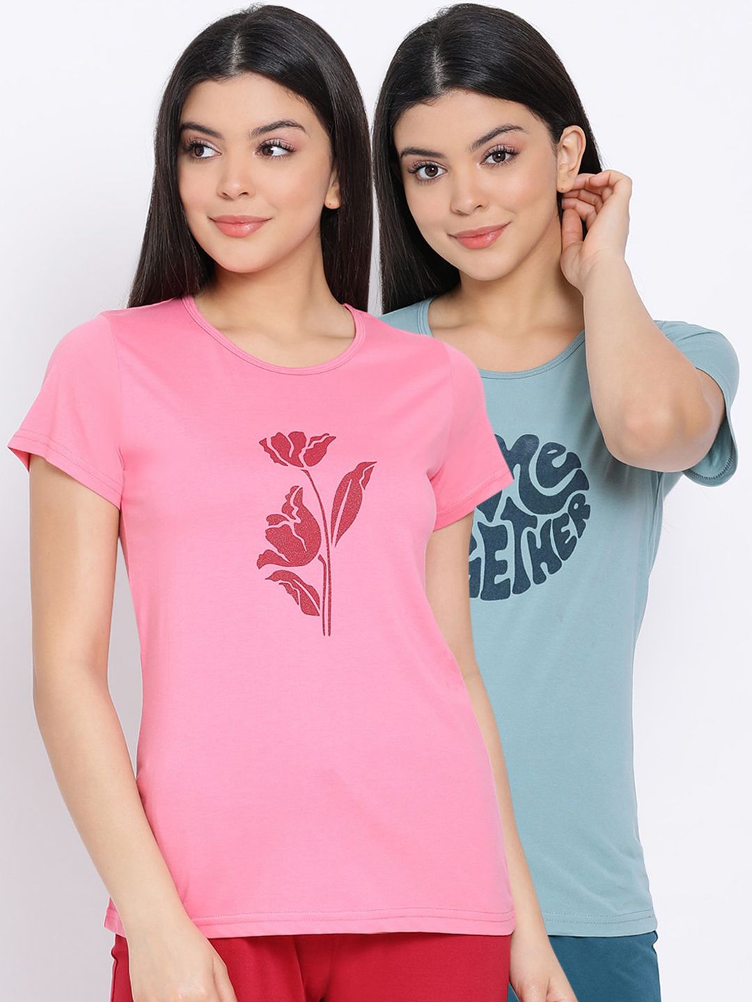 Kanvin Women Turquoise Blue & Pink Pack Of 2 Printed Pure Cotton Lounge T-shirts Price in India