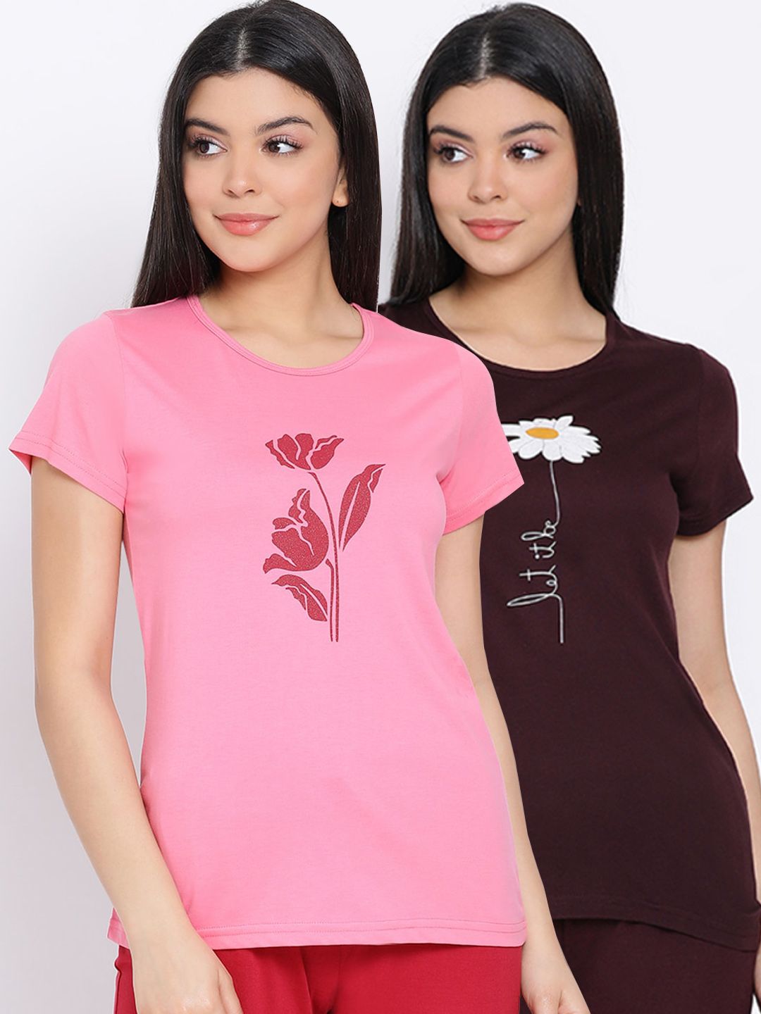 Kanvin Women Brown & Pink Pack Of 2 Printed Pure Cotton Lounge T-shirts Price in India