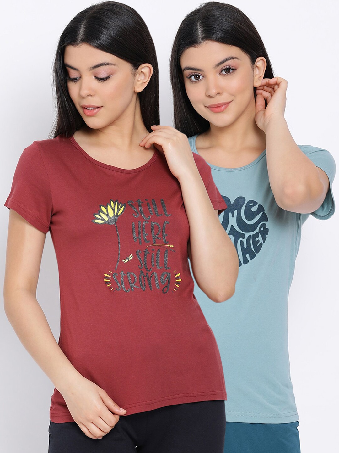 Kanvin Women Sea Green & Maroon Pack Of 2 Printed Pure Cotton Lounge T-shirts Price in India
