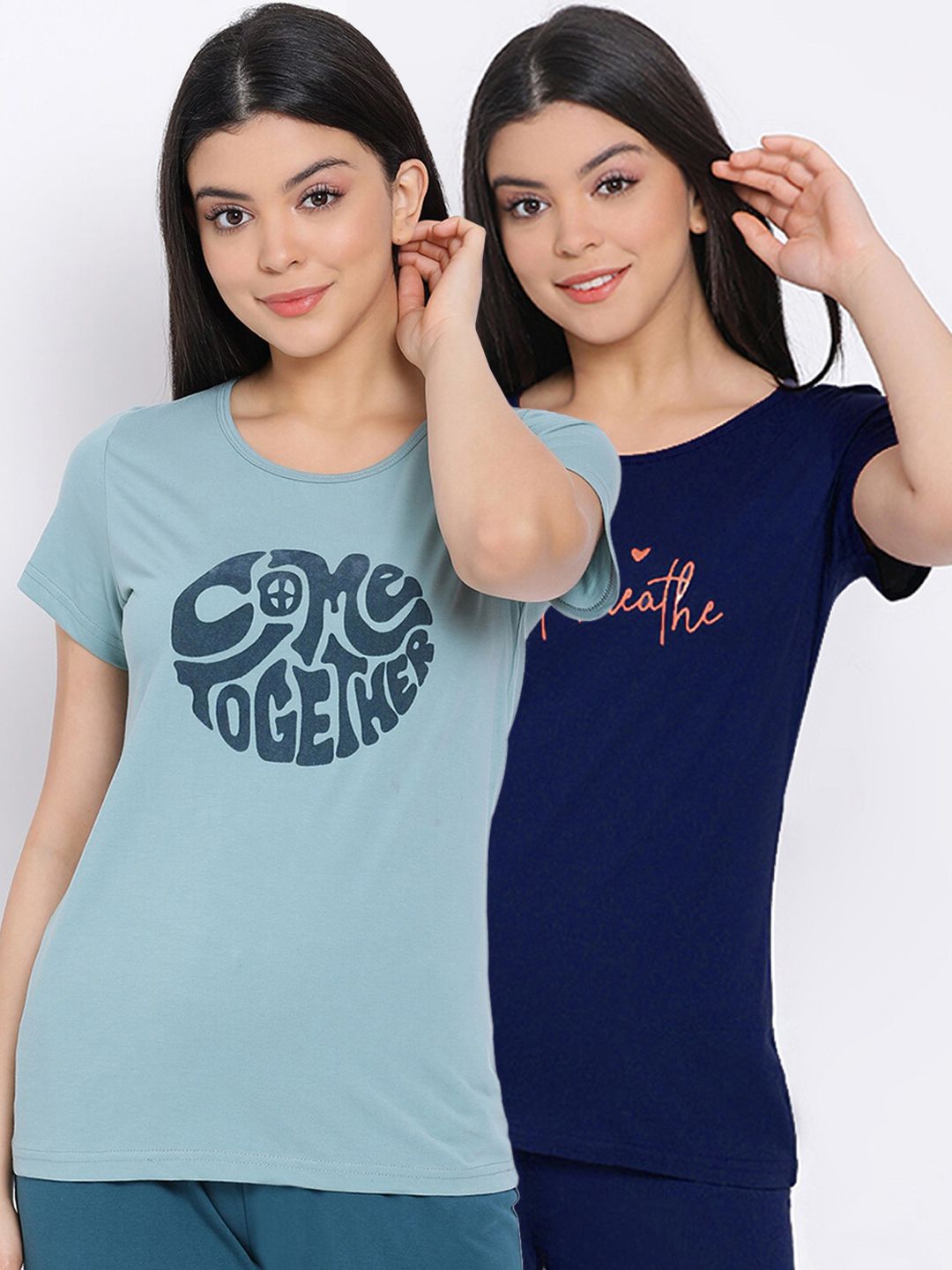 Kanvin Women Turquoise Blue & Navy Blue Pack Of 2 Printed Pure Cotton Lounge T-shirts Price in India
