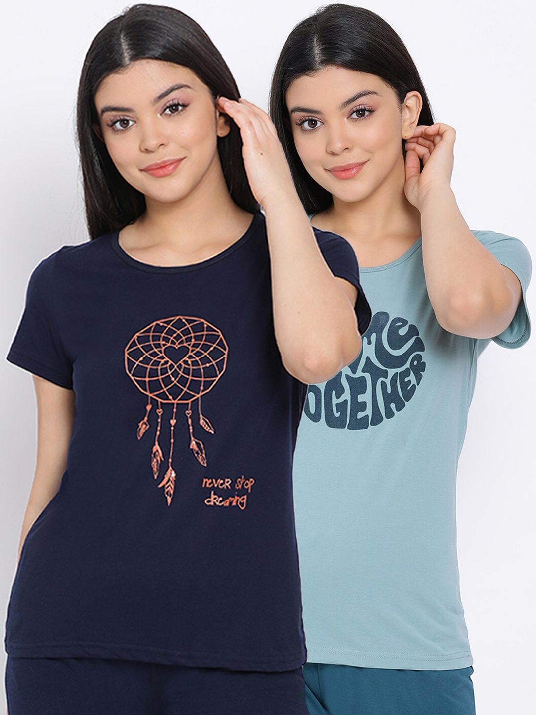 Kanvin Women Sea Green & Navy Blue Pack Of 2 Printed Pure Cotton Lounge T-shirts Price in India