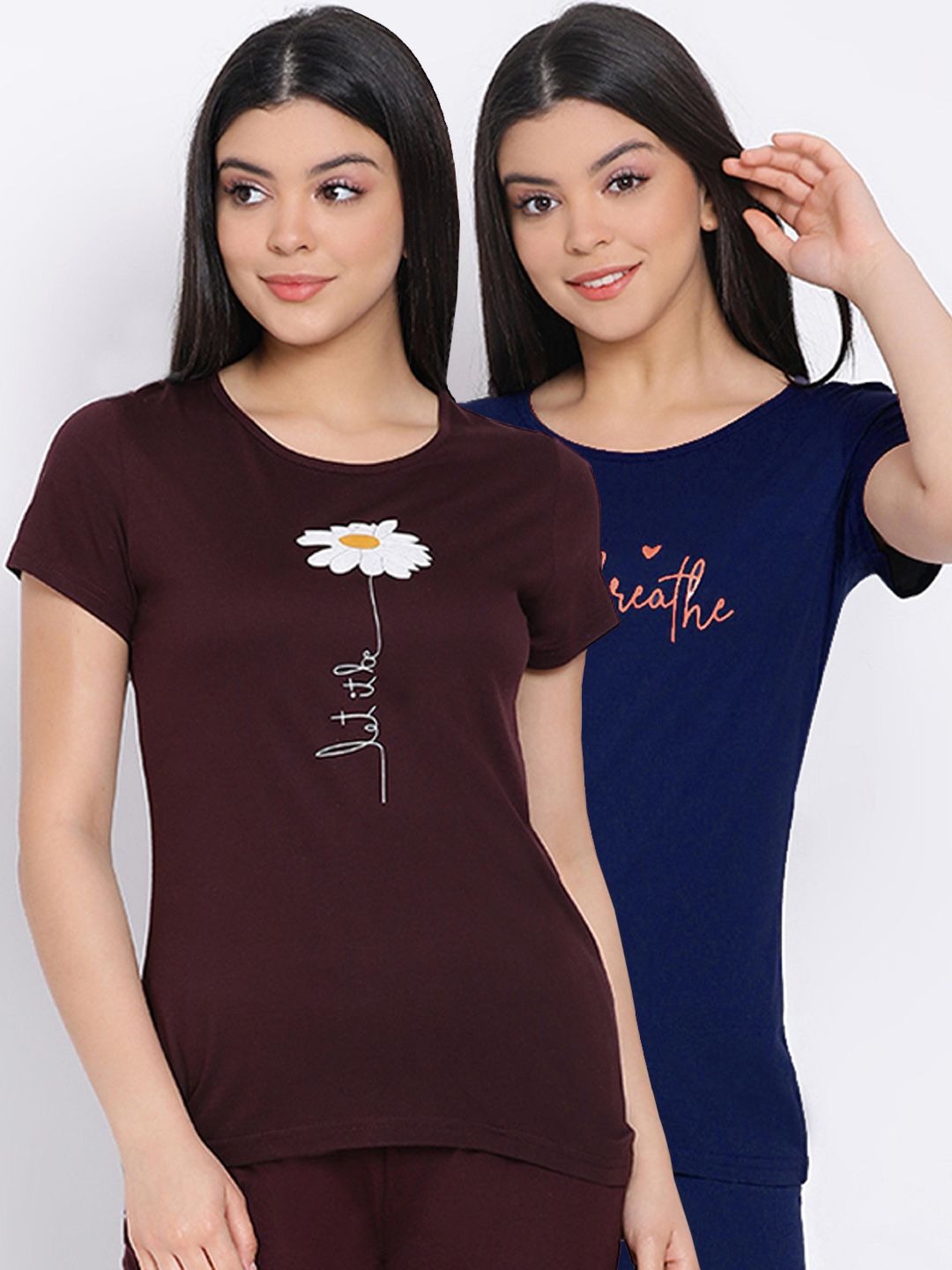 Kanvin Women Brown & Navy Blue Pack Of 2 Printed Pure Cotton Lounge T-shirts Price in India