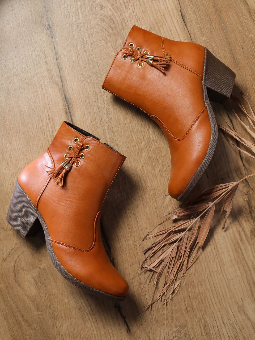 EVERLY Camel Brown Block Heeled Boots With Tassels Price in India