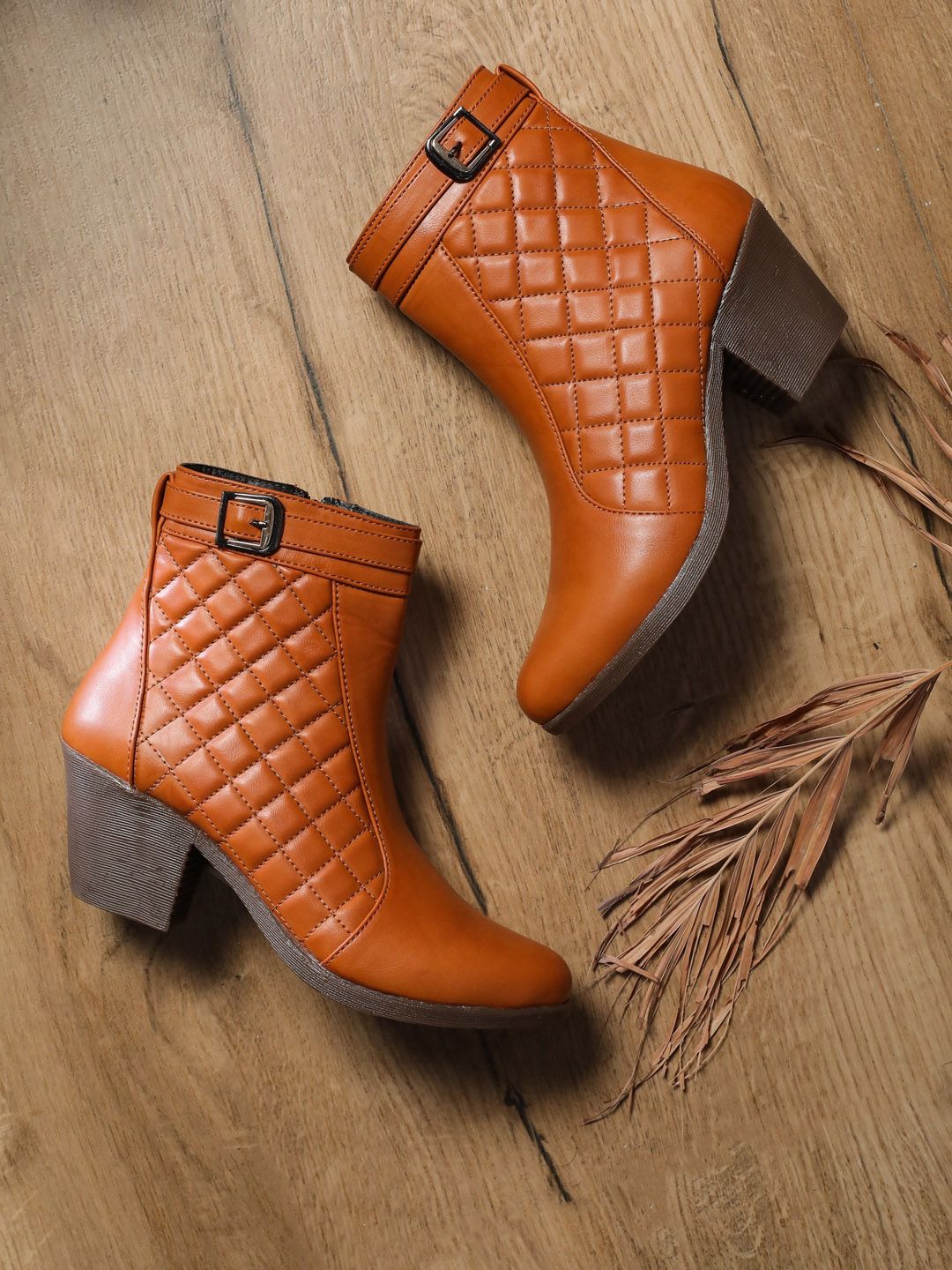 EVERLY Camel Brown Block Heeled Boots with Buckles Price in India