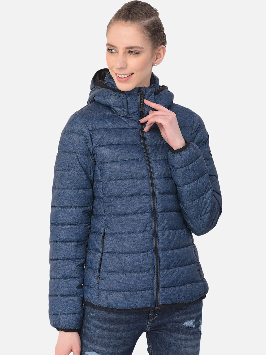 Woodland Women Navy Blue Abstract Printed Hooded Puffer Jacket Price in India