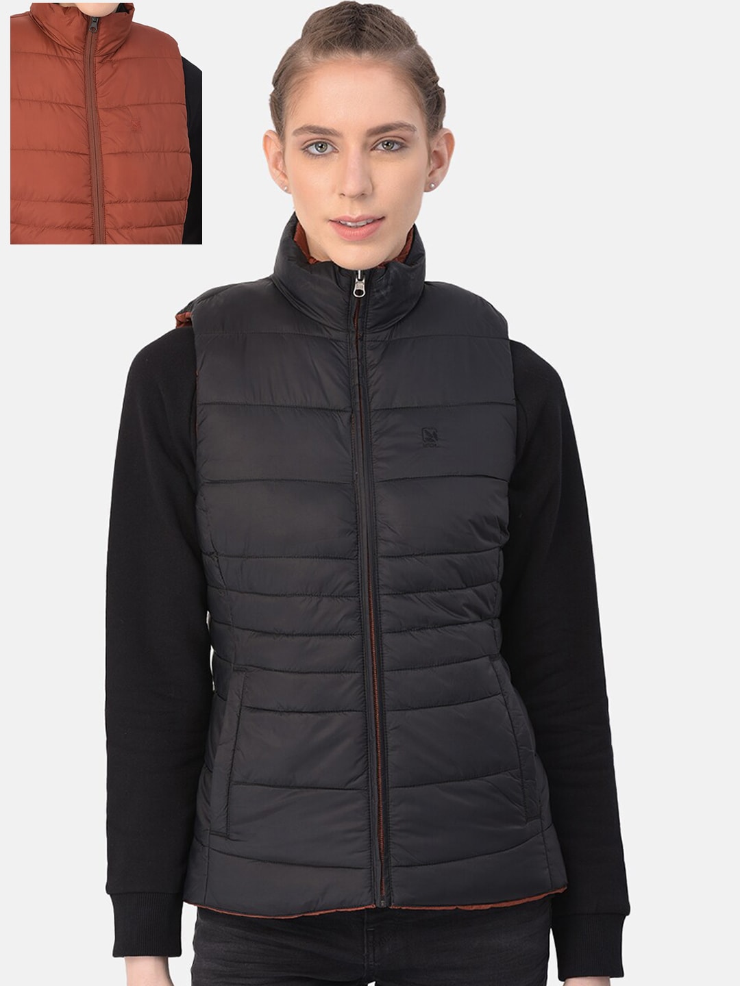 Woodland Women Black & Rust Reversible Padded Jacket Price in India