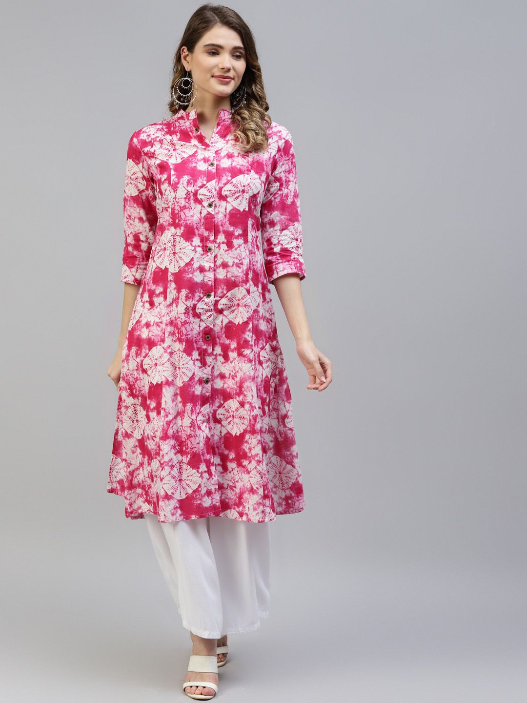 MYAZA Women Pink & White Pure Cotton Tie-Dye Print Kurta Price in India