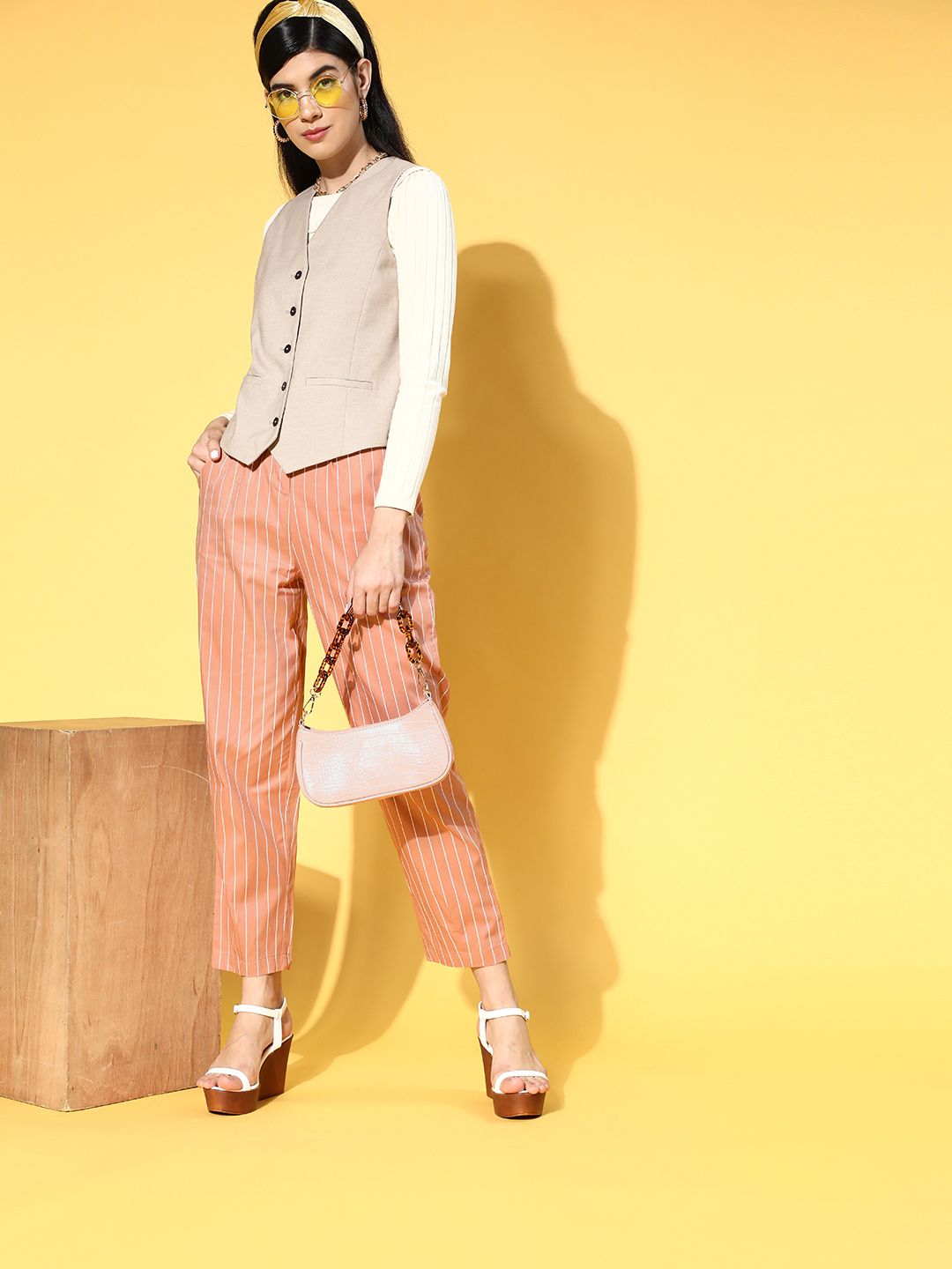 plusS Women Attractive Peach Striped Volume Play Trousers Price in India