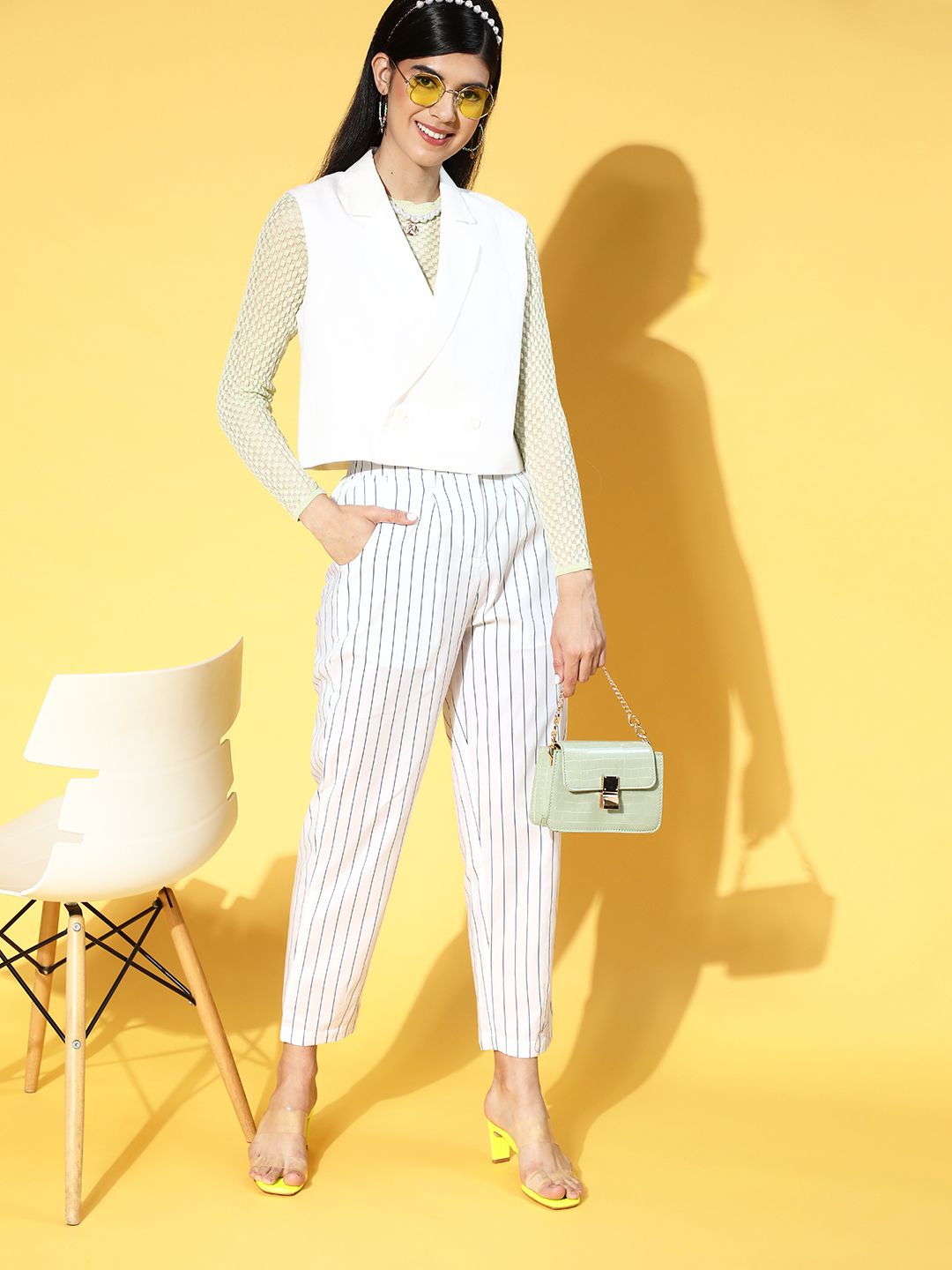 plusS Women Classic White Striped Volume Play Trousers Price in India
