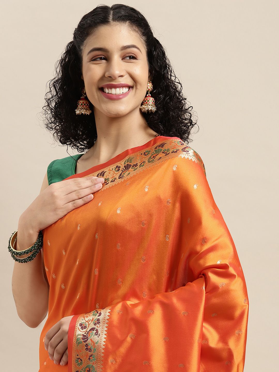 Mitera Orange & Golden Paisley Design Zari Silk Blend Paithani Saree