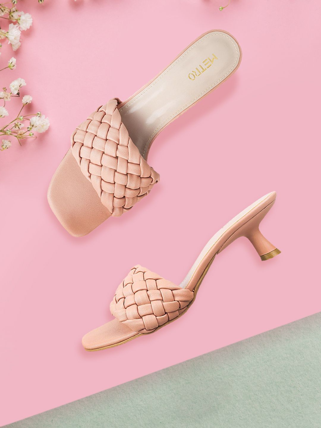 Mochi Peach-Coloured Woven Design Kitten Heels