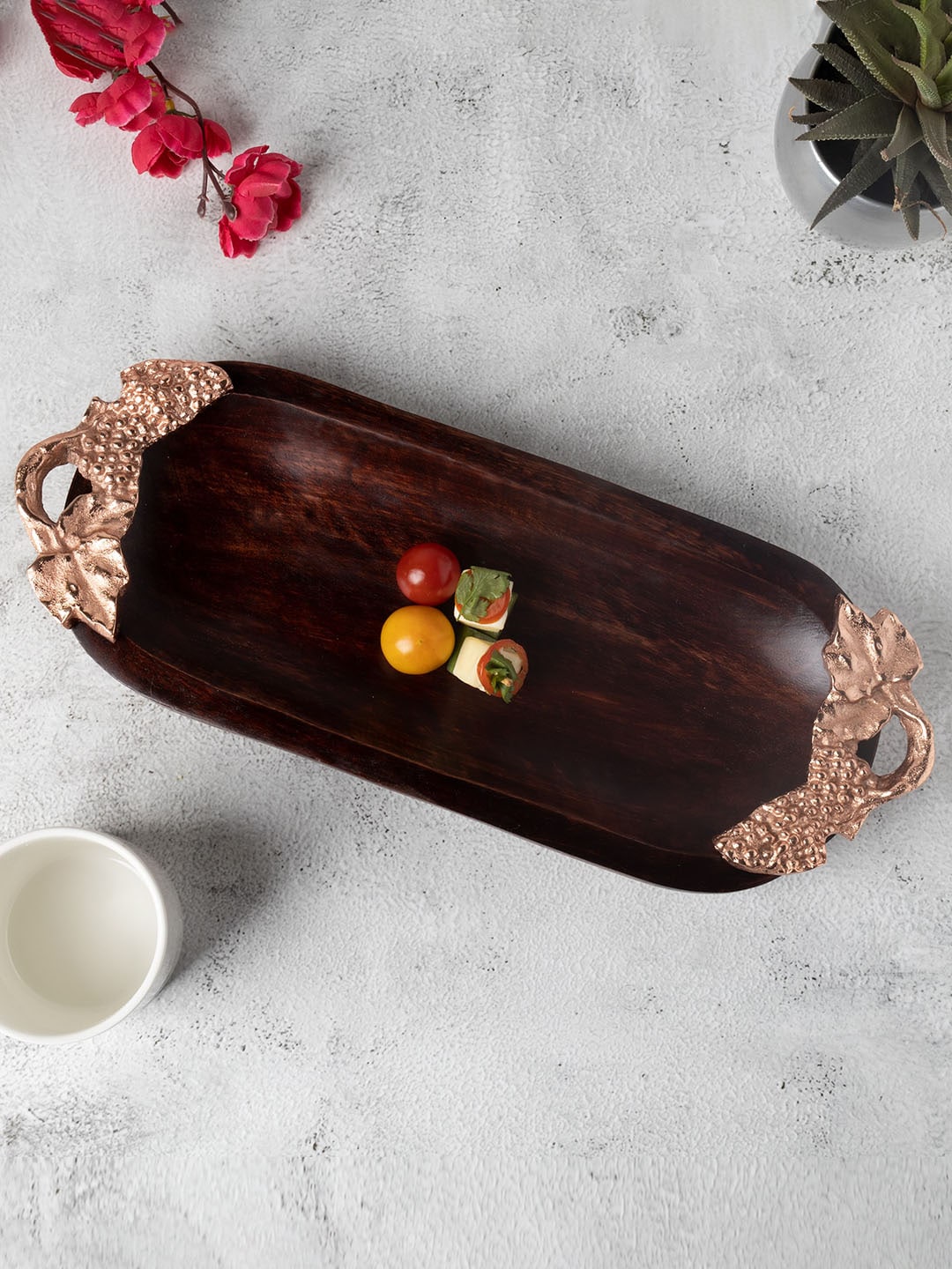 Homesake Brown Solid Wooden Tray With Copper Leaf Handles Price in India