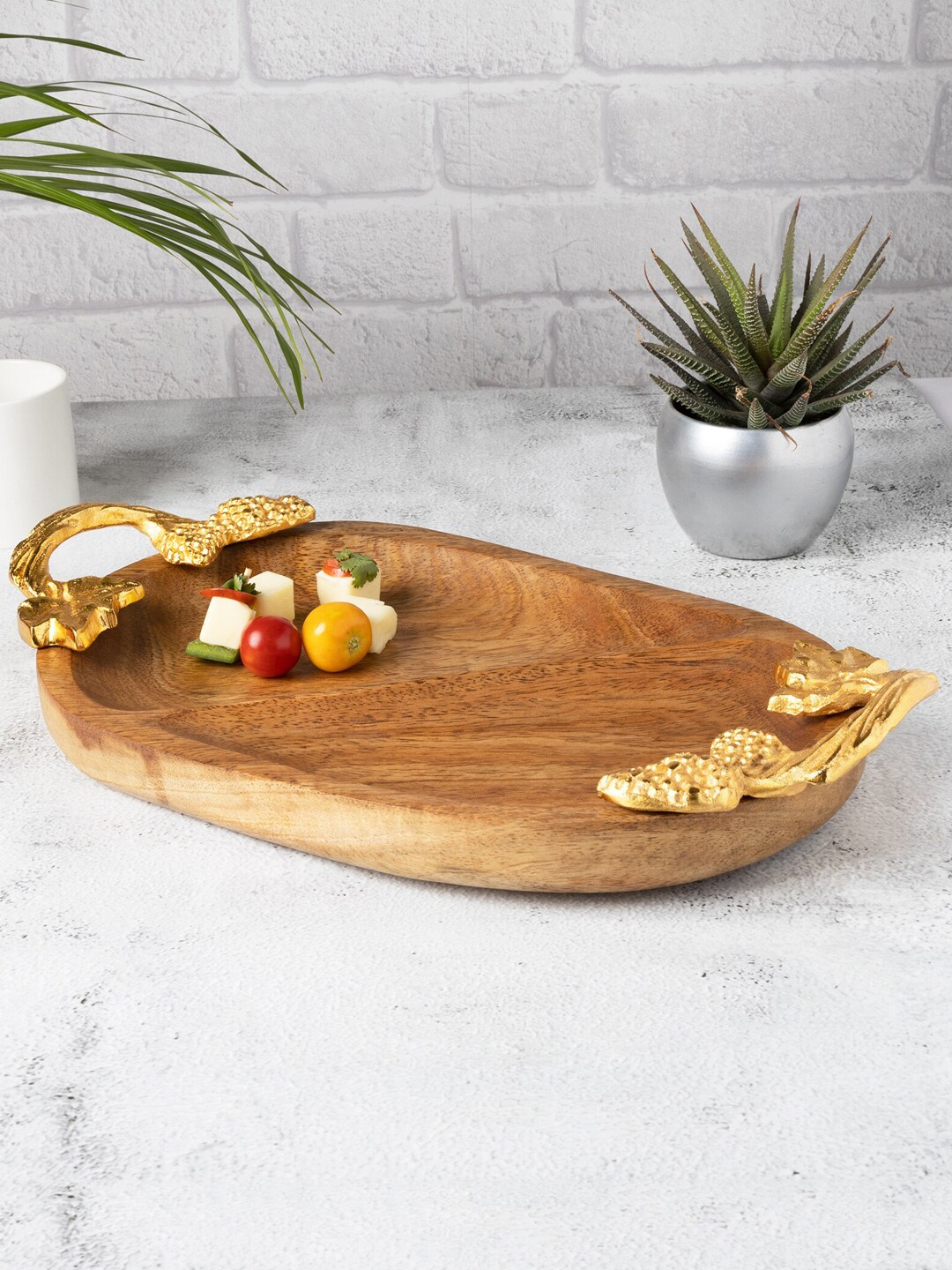 Homesake Brown Wooden Oval Tray With Handle Price in India