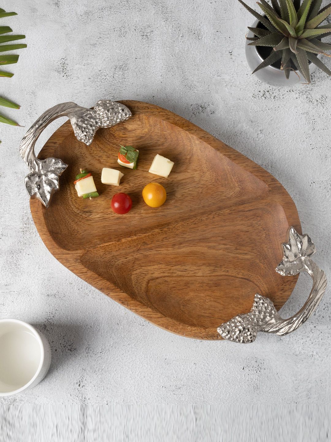 Homesake Silver-Toned & Brown Wooden Solid Serving Platter Price in India
