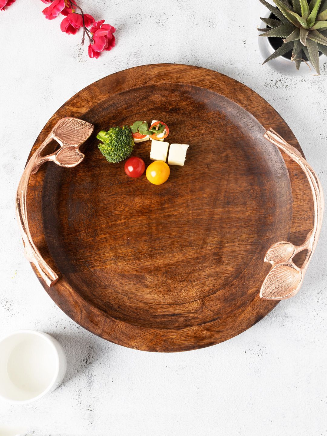 Homesake Gold-Toned & Brown Solid Wooden Round Serving Platter Price in India