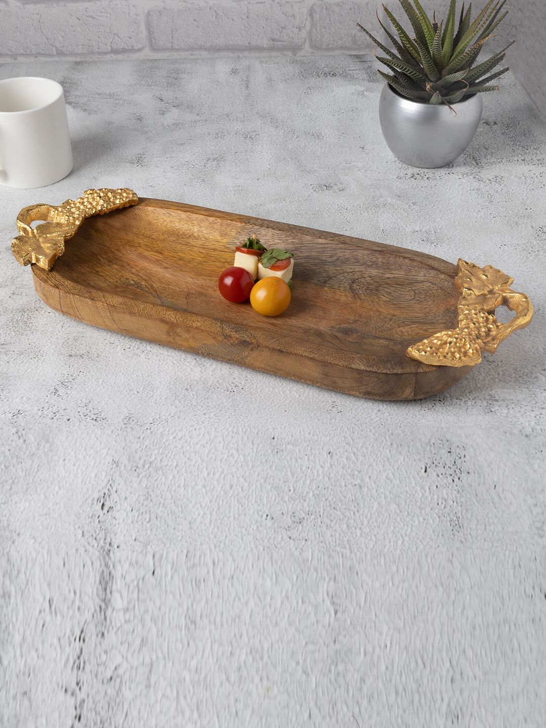 Homesake Brown & Golden Wooden Oval Tray with Handle Price in India