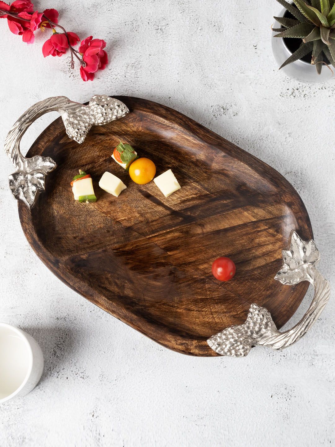 Homesake Brown Wooden Solid Oval Tray With Silver-Toned Handle Price in India