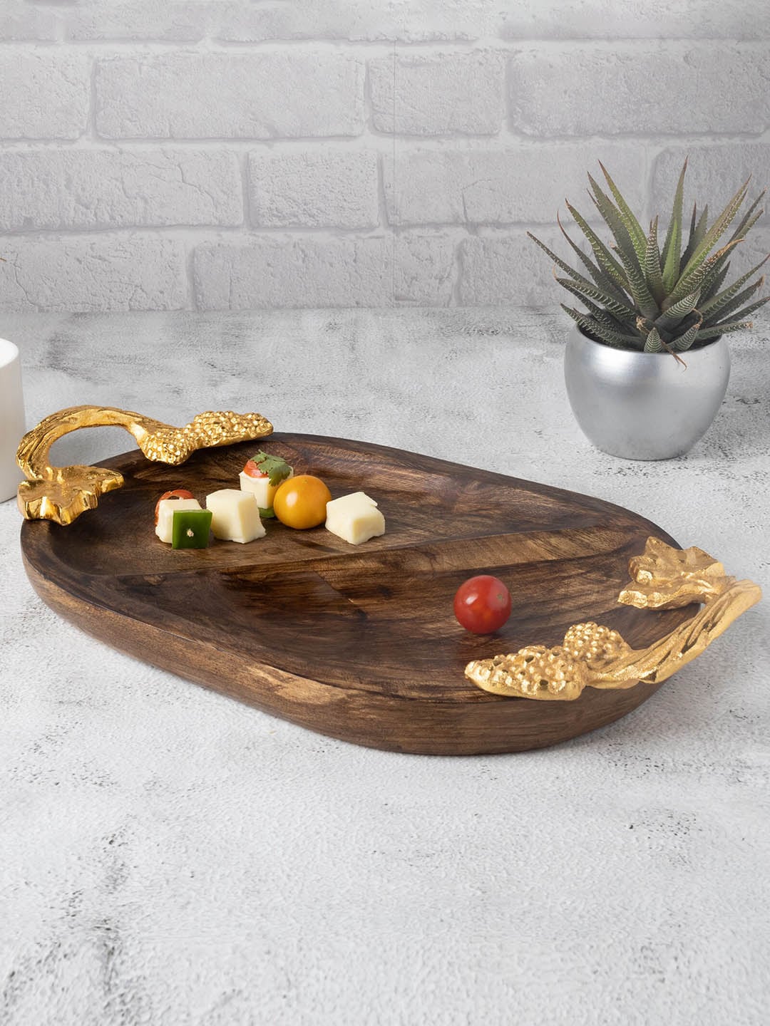 Homesake Brown & Gold-Toned Wooden Solid Oval Tray With Handle Price in India