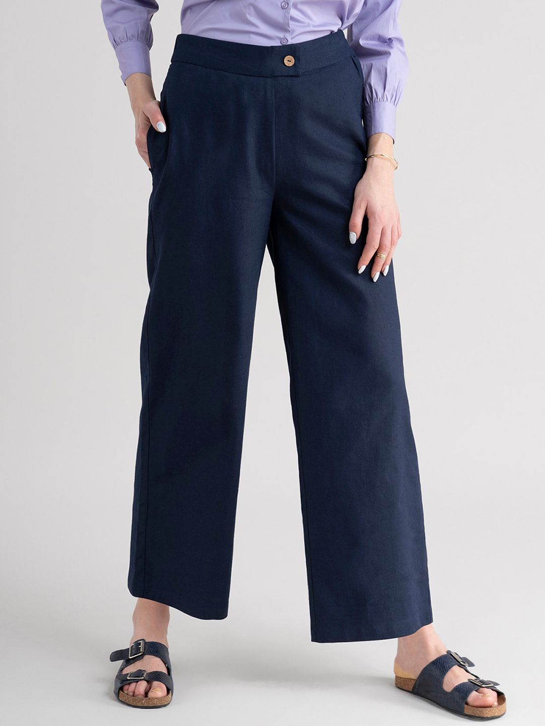 FableStreet Women Navy Blue Comfort Loose Fit Formal Parallel Trousers Price in India