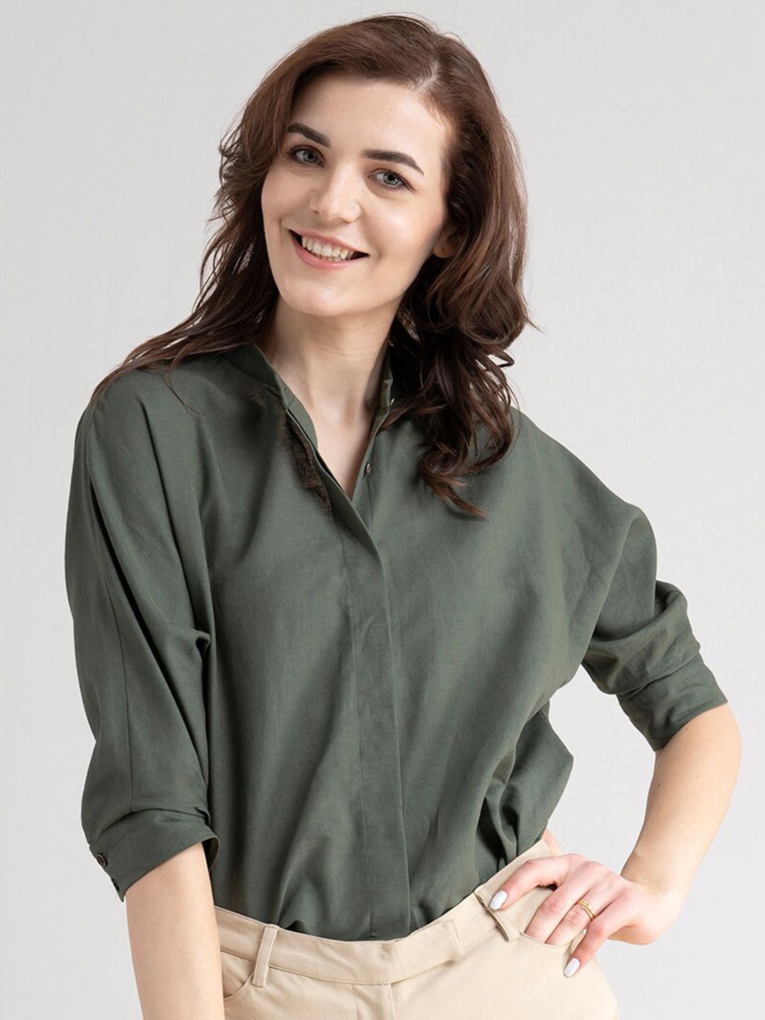 FableStreet Olive Green Shirt Style Top