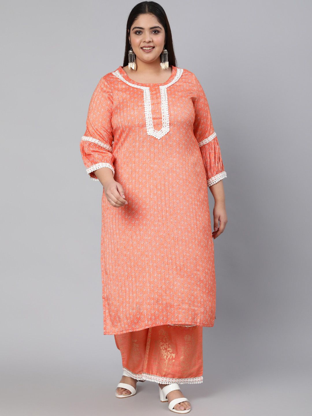 Jaipur Kurti Plus Size Women Orange Printed Kurta with Palazzos Price in India
