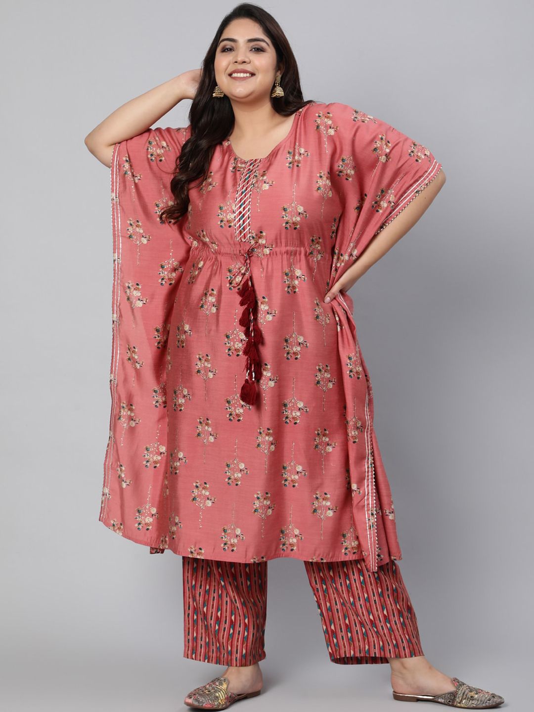 Jaipur Kurti Women Pink Ethnic Motifs Printed Chanderi Cotton Kurta with Trousers Price in India