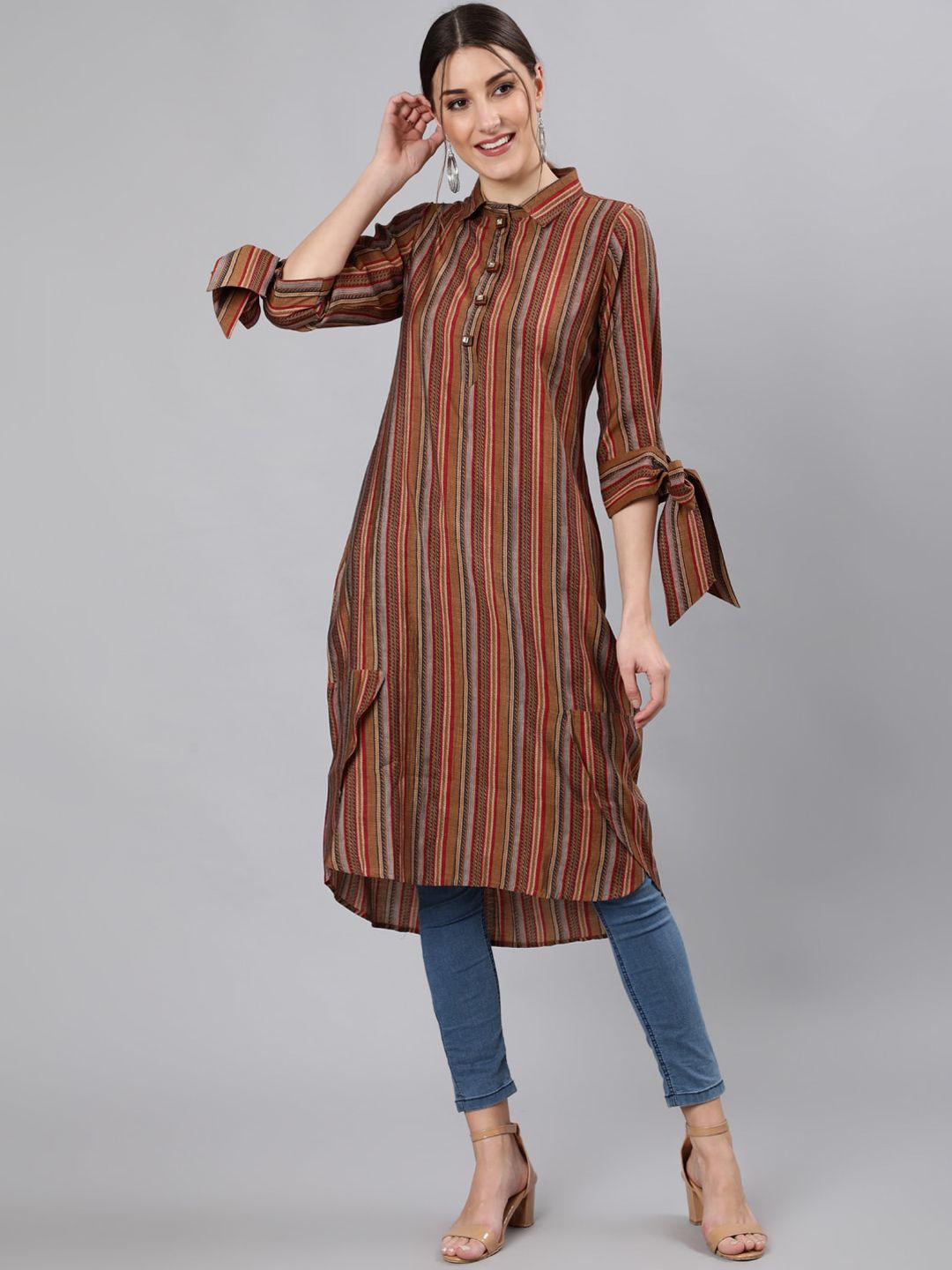 Jaipur Kurti Women Camel Brown & Mustard Yellow Striped Kurta Price in India