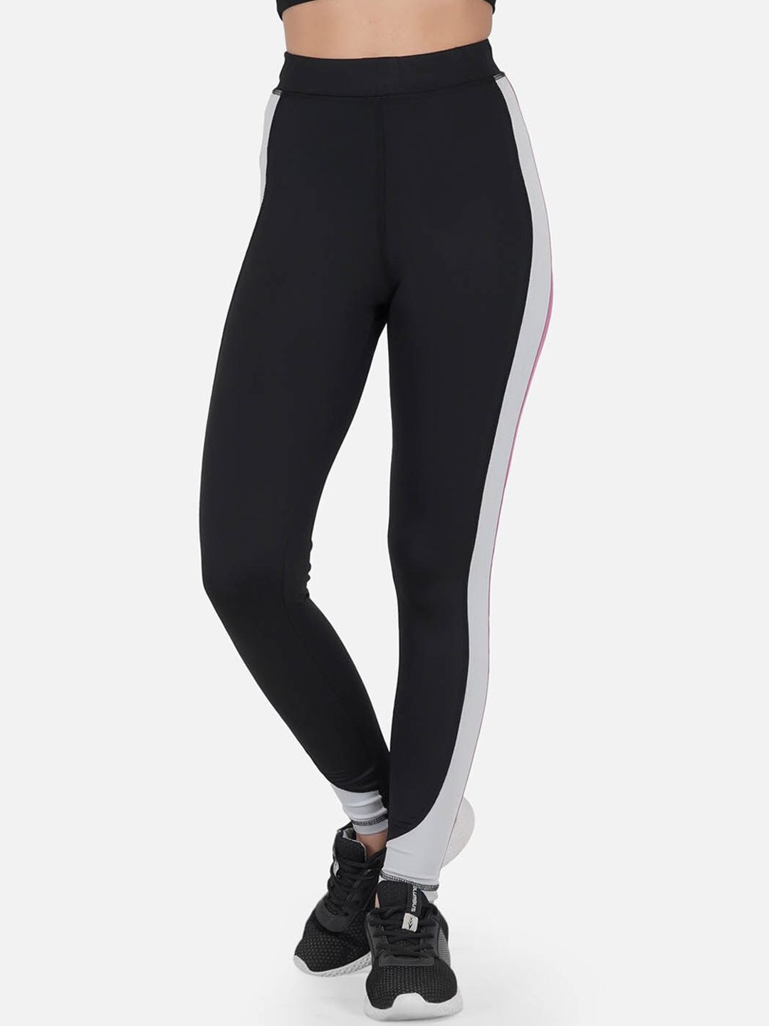 IMPERATIVE Women Black & Purple Colourblocked Slim-Fit Tights Price in India