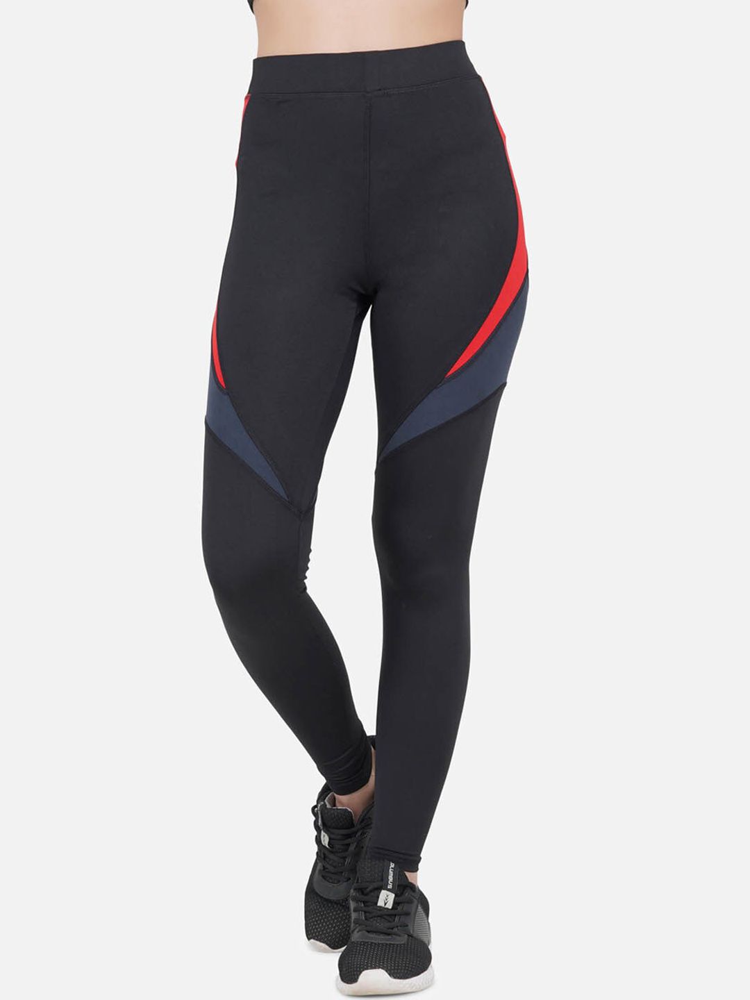 IMPERATIVE Women Black & Red Printed Dry Fit Sports Tights Price in India