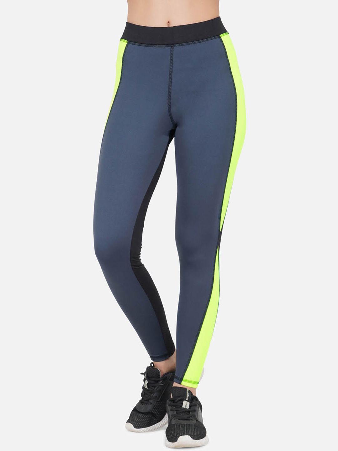 IMPERATIVE Women Grey & Fluorescent Green Colourblocked Dry-Fit Slim-Fit Tights Price in India