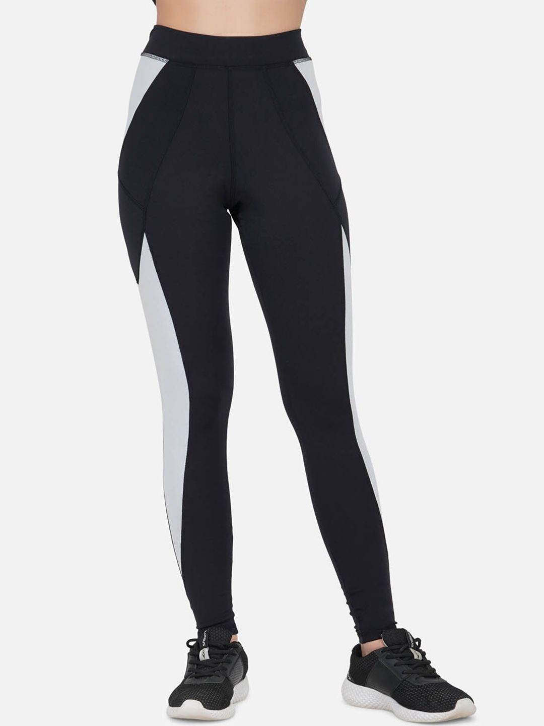 IMPERATIVE Women Black & Grey Colourblocked Dry Fit Yoga Tights Price in India