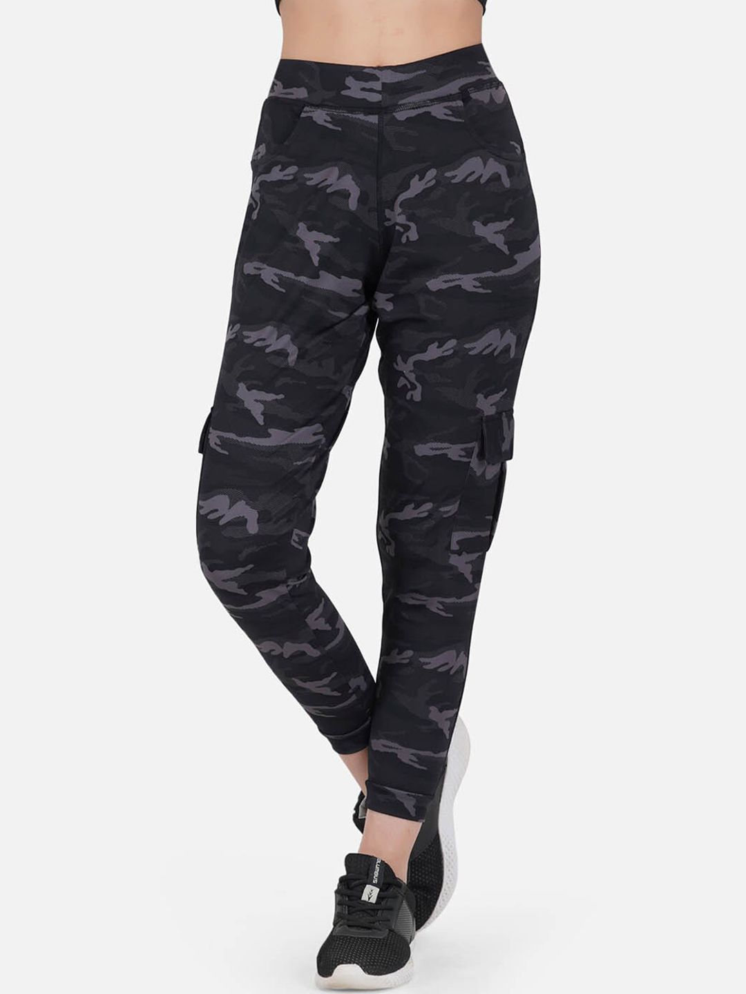 IMPERATIVE Women Black & Grey Camouflage Printed Dry-Fit Joggers Price in India