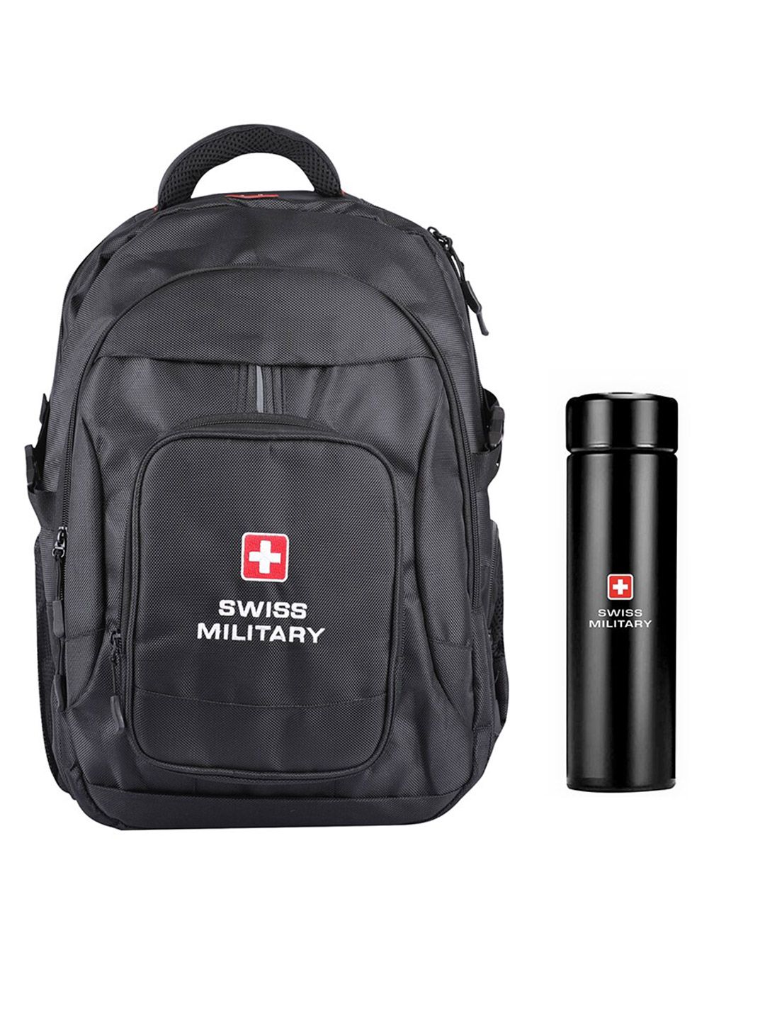 SWISS MILITARY Unisex Set Of 2 Black Brand Logo Backpack with Digital Vacuum Flask Price in India