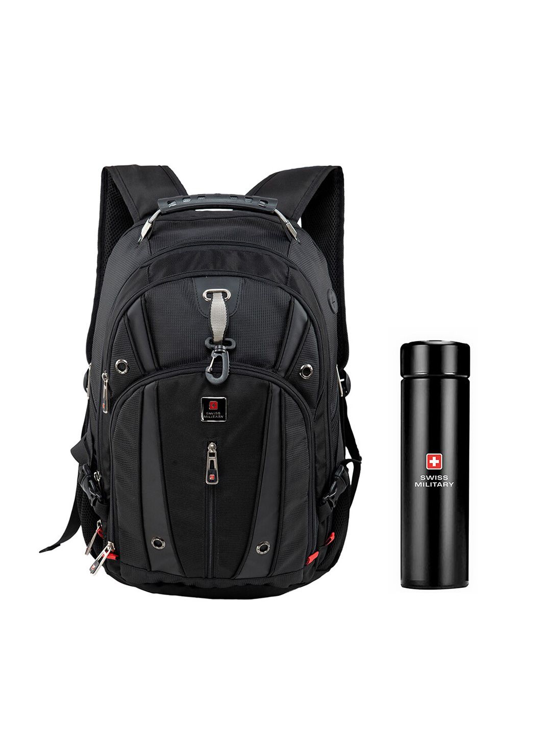 SWISS MILITARY Unisex Set Of 2 Black Brand Logo Backpack with Digital Vacuum Flask Price in India