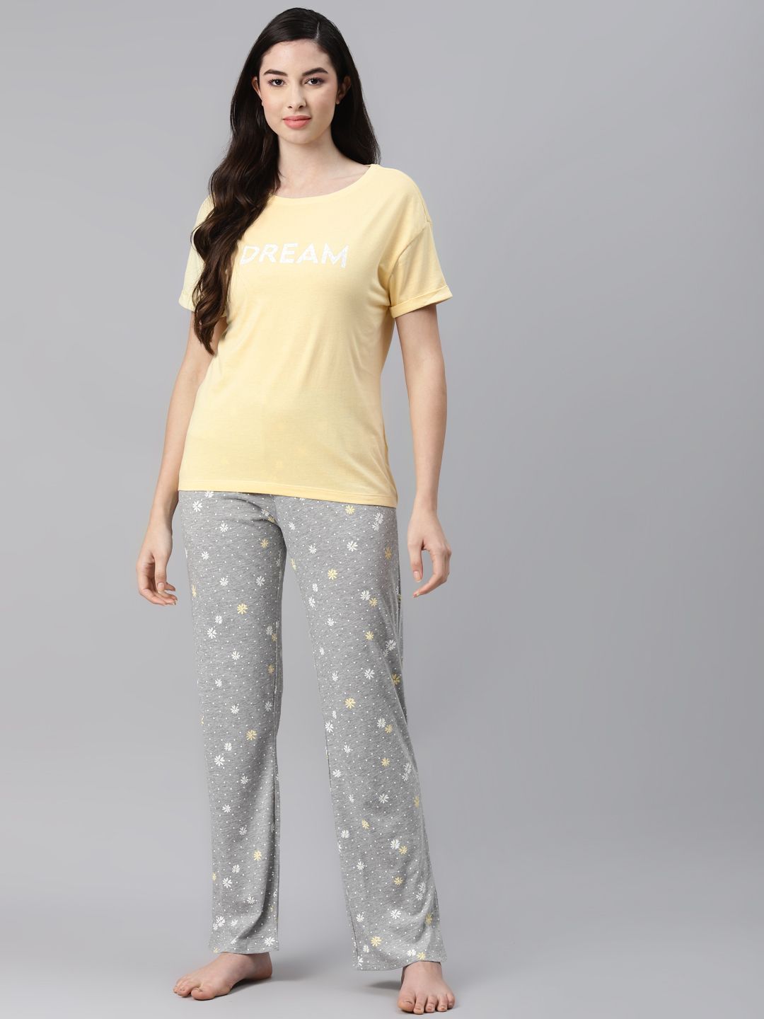 Marks & Spencer Women Yellow & Grey Pure Cotton Typography Print Night suit Price in India