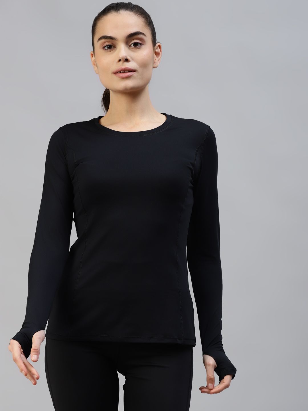 Marks & Spencer Women Black Solid Thumbhole T-shirt Price in India